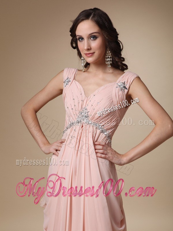 Baby Pink Empire Straps Court Train Graduation Dresses with Beading