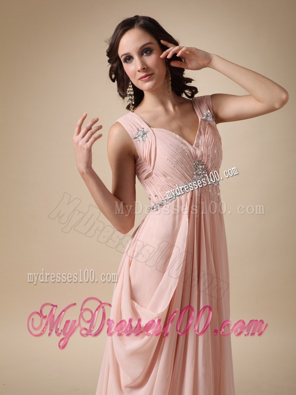 Baby Pink Empire Straps Court Train Graduation Dresses with Beading