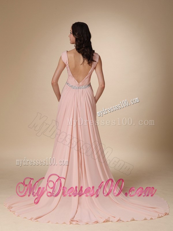 Baby Pink Empire Straps Court Train Graduation Dresses with Beading