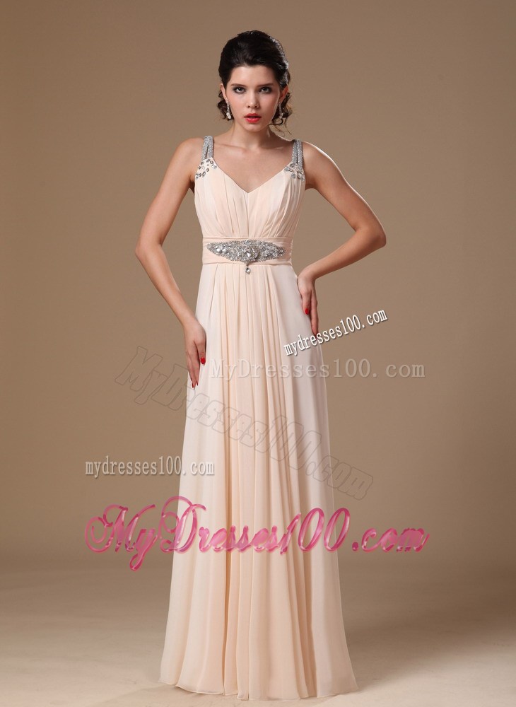 Champagne V-neck Beaded Shoulder Custom Made Graduation Dresses
