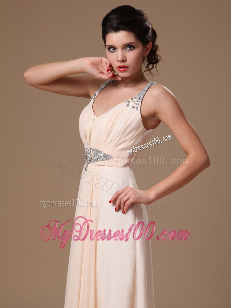 Champagne V-neck Beaded Shoulder Custom Made Graduation Dresses
