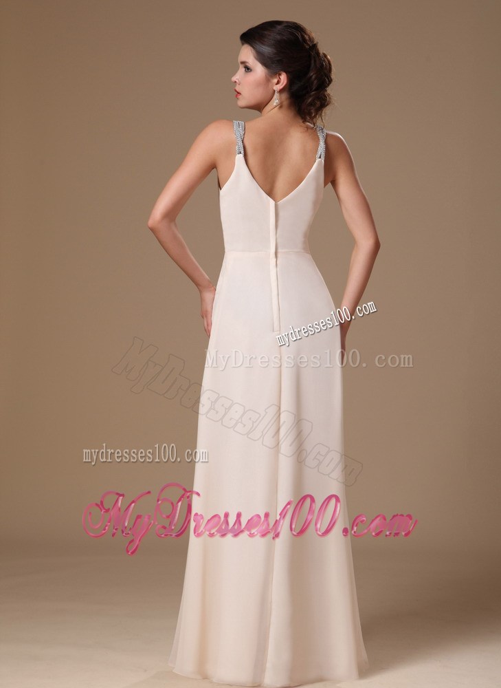 Champagne V-neck Beaded Shoulder Custom Made Graduation Dresses