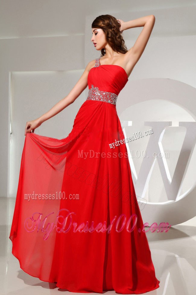 Beaded Decorate One Shoulder and Waist Red Prom Dress