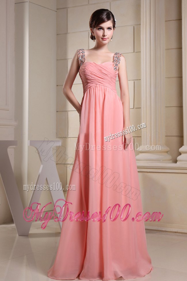 Beaded Decorate Straps For Pink Graduation Dress with Ruching