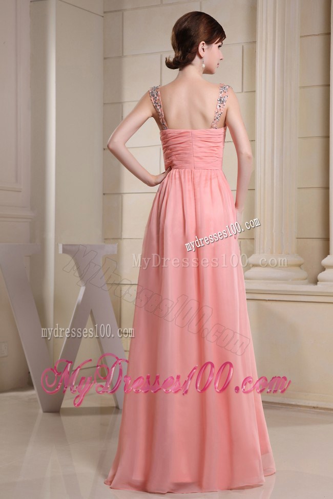 Beaded Decorate Straps For Pink Graduation Dress with Ruching