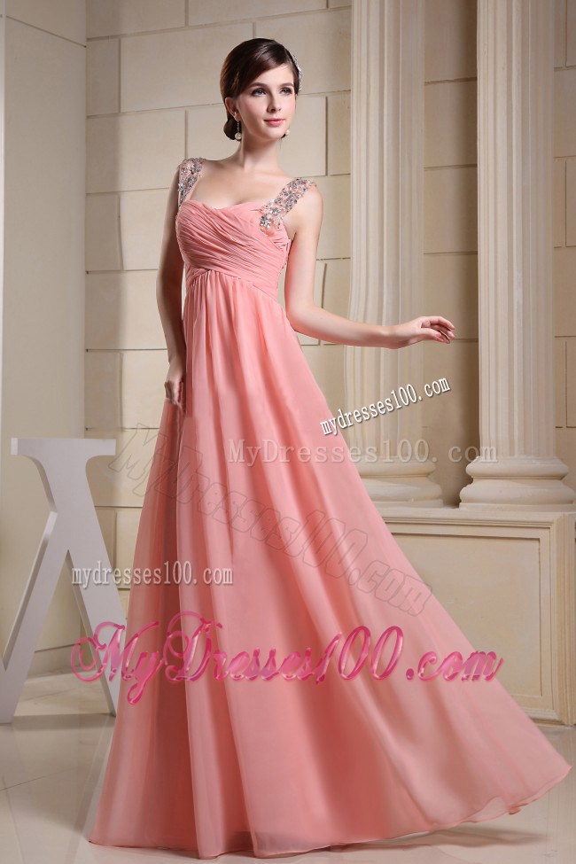 Beaded Decorate Straps For Pink Graduation Dress with Ruching