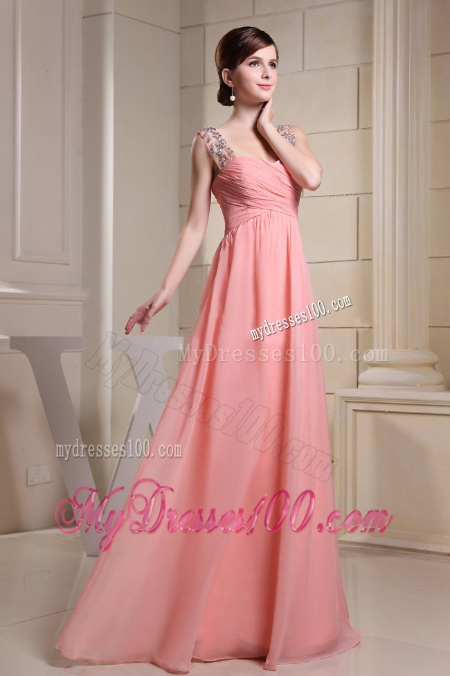 Beaded Decorate Straps For Pink Graduation Dress with Ruching