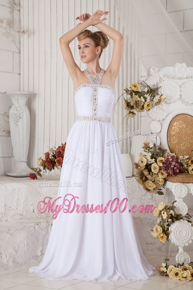 2013 Unique White Halter Top Graduation Dress with Beading