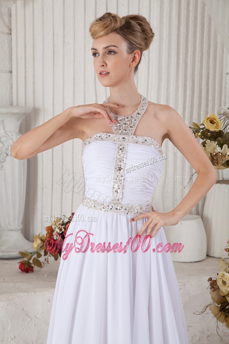 2013 Unique White Halter Top Graduation Dress with Beading
