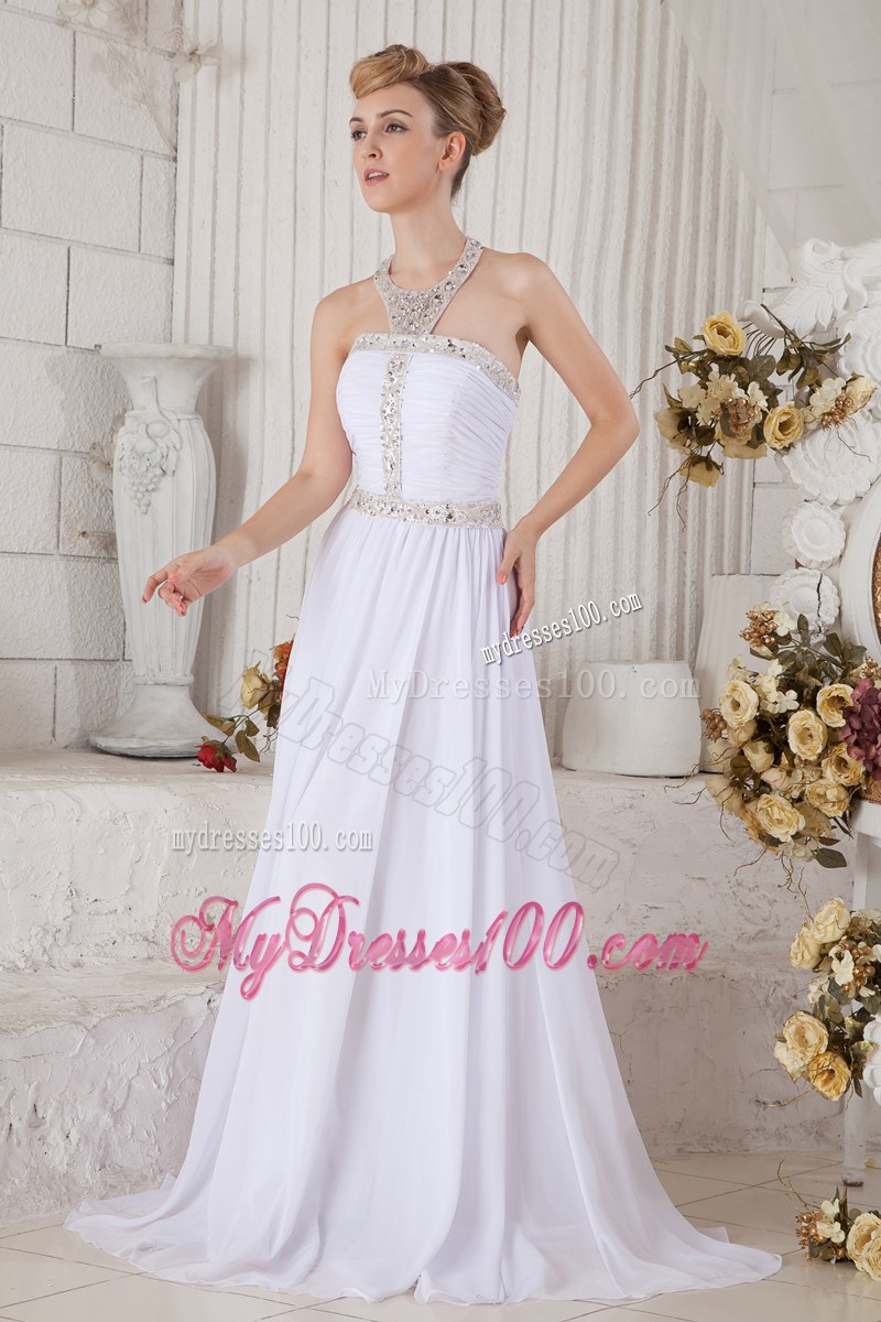 2013 Unique White Halter Top Graduation Dress with Beading