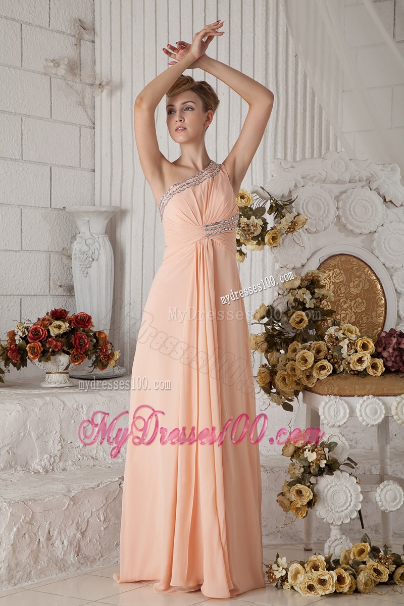 Beautiful Peach One Shoulder Graduation Dress with Beading Brush Train