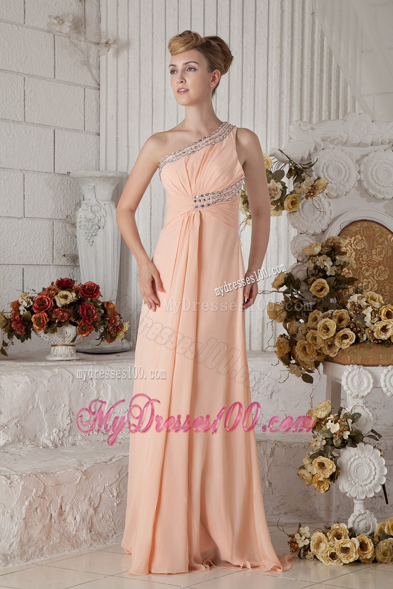 Beautiful Peach One Shoulder Graduation Dress with Beading Brush Train