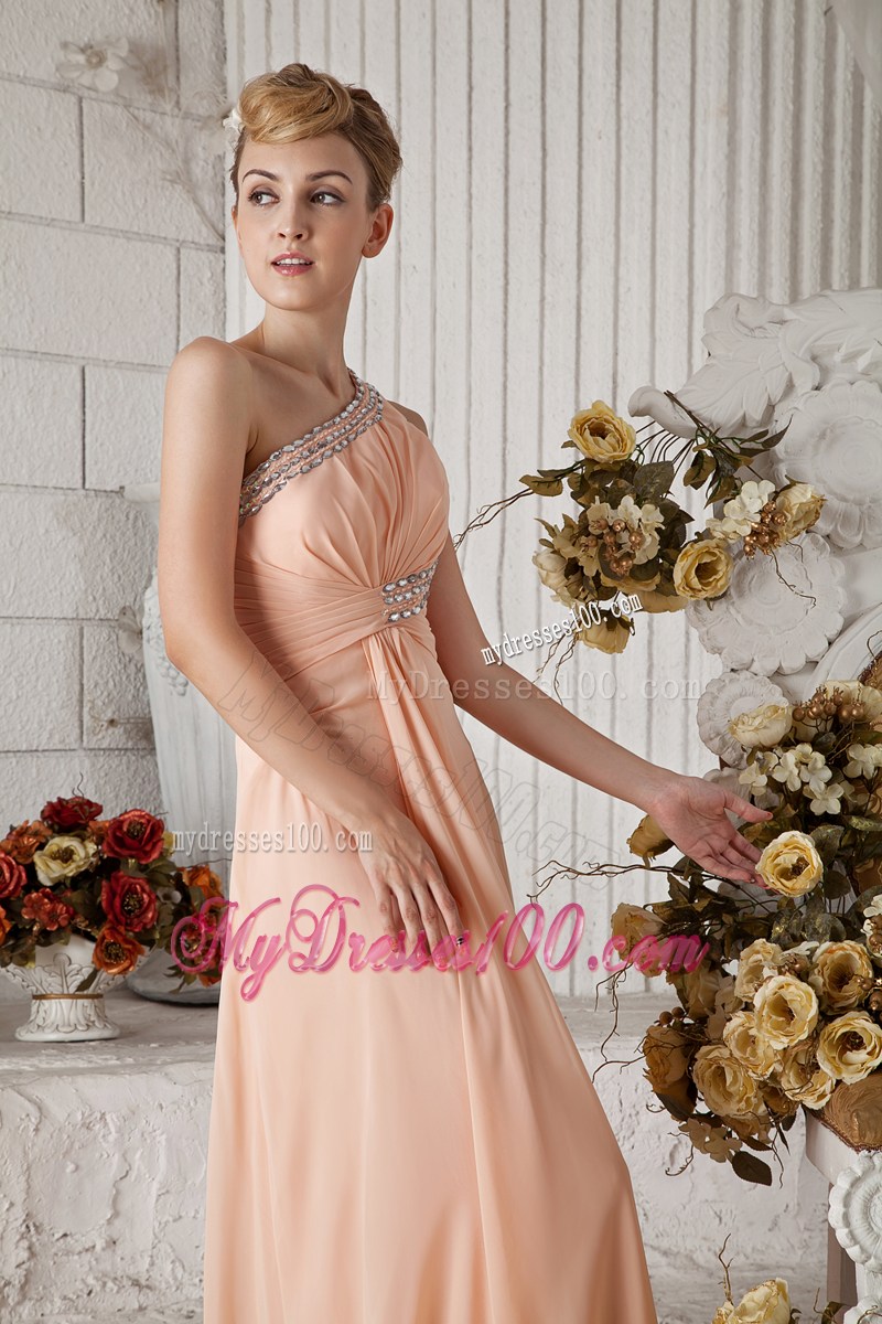 Beautiful Peach One Shoulder Graduation Dress with Beading Brush Train