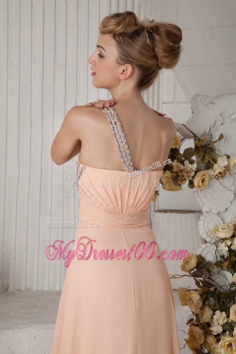 Beautiful Peach One Shoulder Graduation Dress with Beading Brush Train
