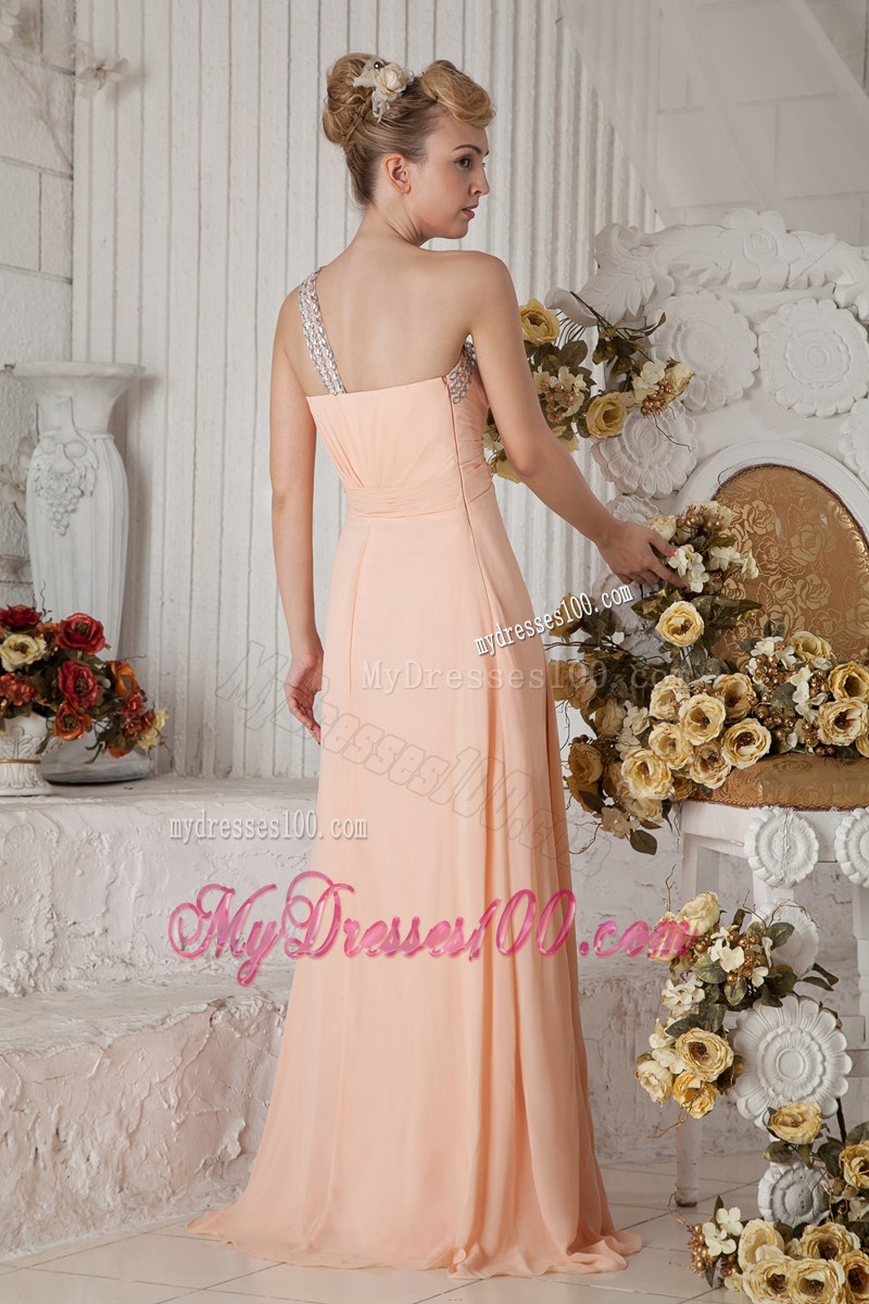 Beautiful Peach One Shoulder Graduation Dress with Beading Brush Train