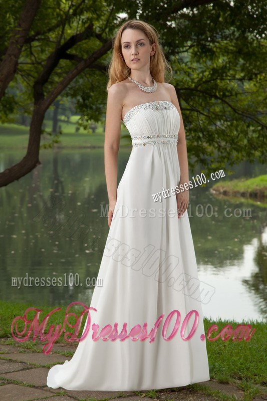 White Empire Strapless Brush Train Beaded Prom Graduation Dresses