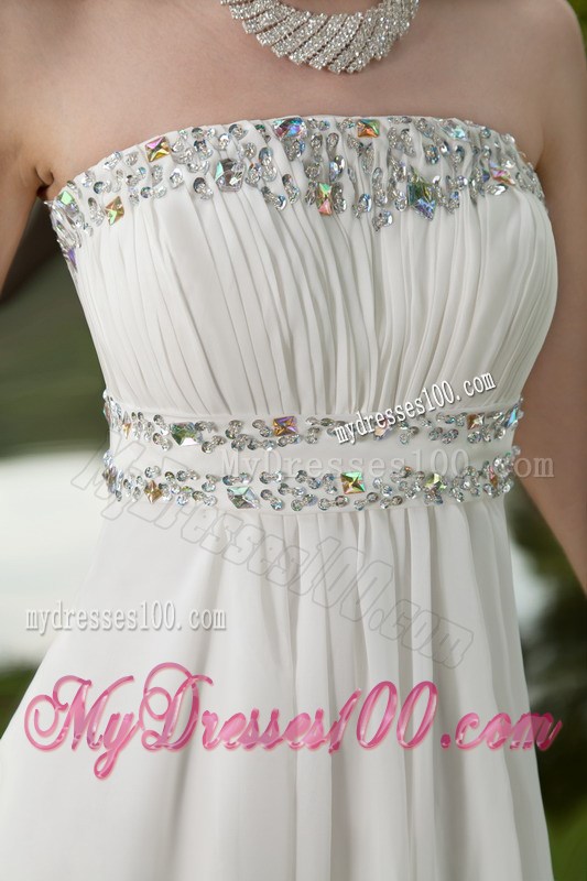 White Empire Strapless Brush Train Beaded Prom Graduation Dresses