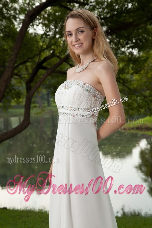 White Empire Strapless Brush Train Beaded Prom Graduation Dresses