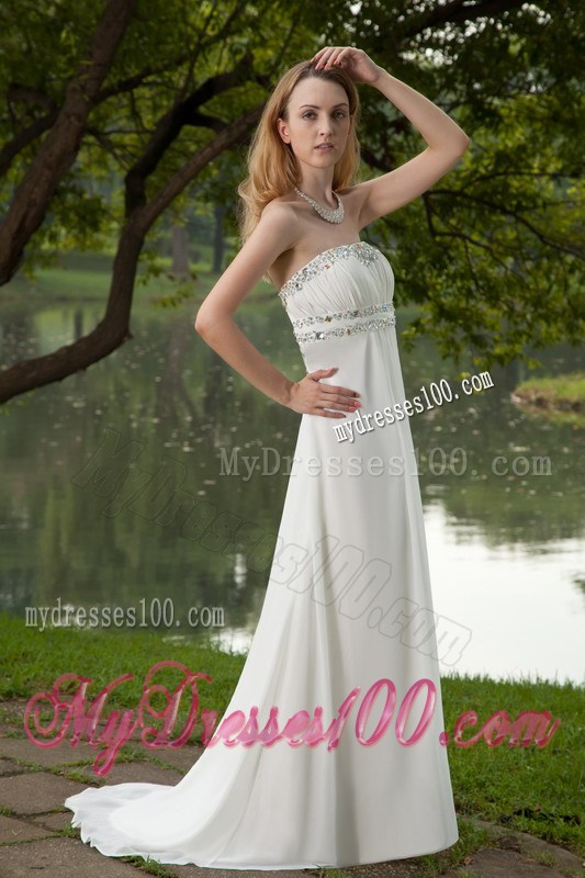 White Empire Strapless Brush Train Beaded Prom Graduation Dresses