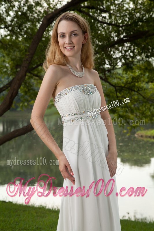 White Empire Strapless Brush Train Beaded Prom Graduation Dresses