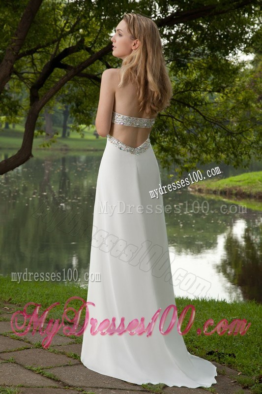 White Empire Strapless Brush Train Beaded Prom Graduation Dresses