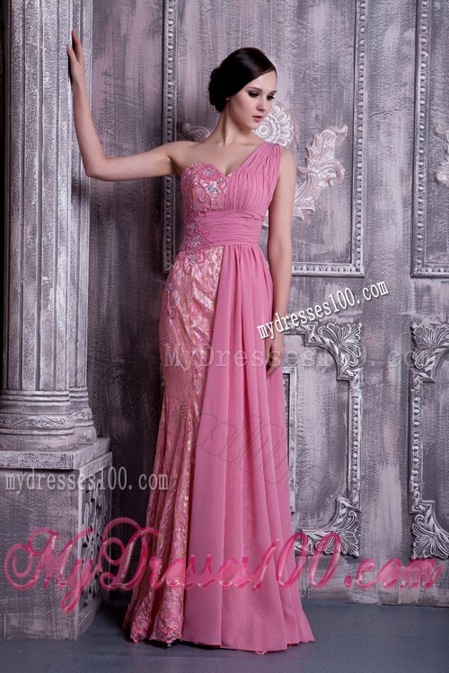 Exclusive Rose Pink Column Beaded Graduation Dress One Shoulder