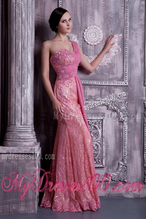 Exclusive Rose Pink Column Beaded Graduation Dress One Shoulder