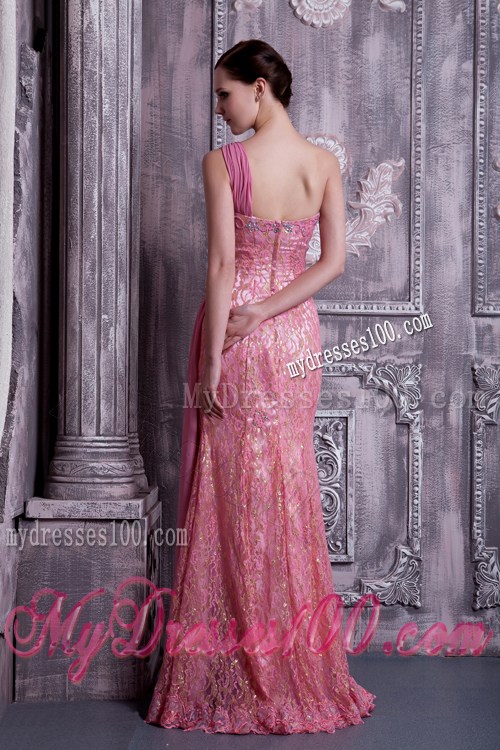 Exclusive Rose Pink Column Beaded Graduation Dress One Shoulder