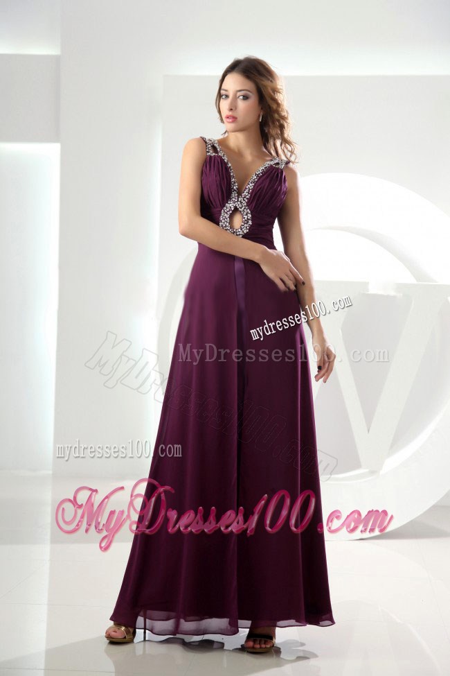 2013 Pretty Beaded Empire Purple Prom Dress V-neck Ankle-length