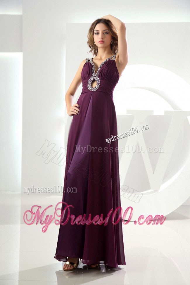 2013 Pretty Beaded Empire Purple Prom Dress V-neck Ankle-length
