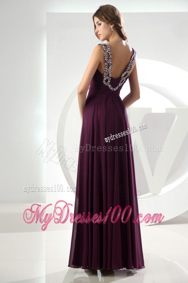2013 Pretty Beaded Empire Purple Prom Dress V-neck Ankle-length