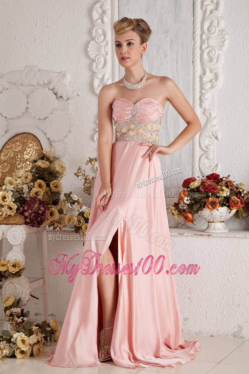 Baby Pink Empire Sweetheart Beaded Graduation Dress with High Slit