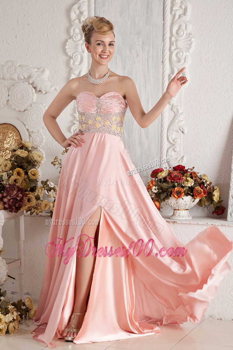 Baby Pink Empire Sweetheart Beaded Graduation Dress with High Slit