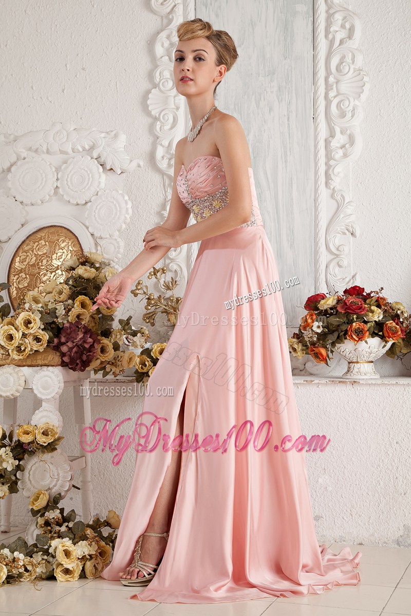 Baby Pink Empire Sweetheart Beaded Graduation Dress with High Slit