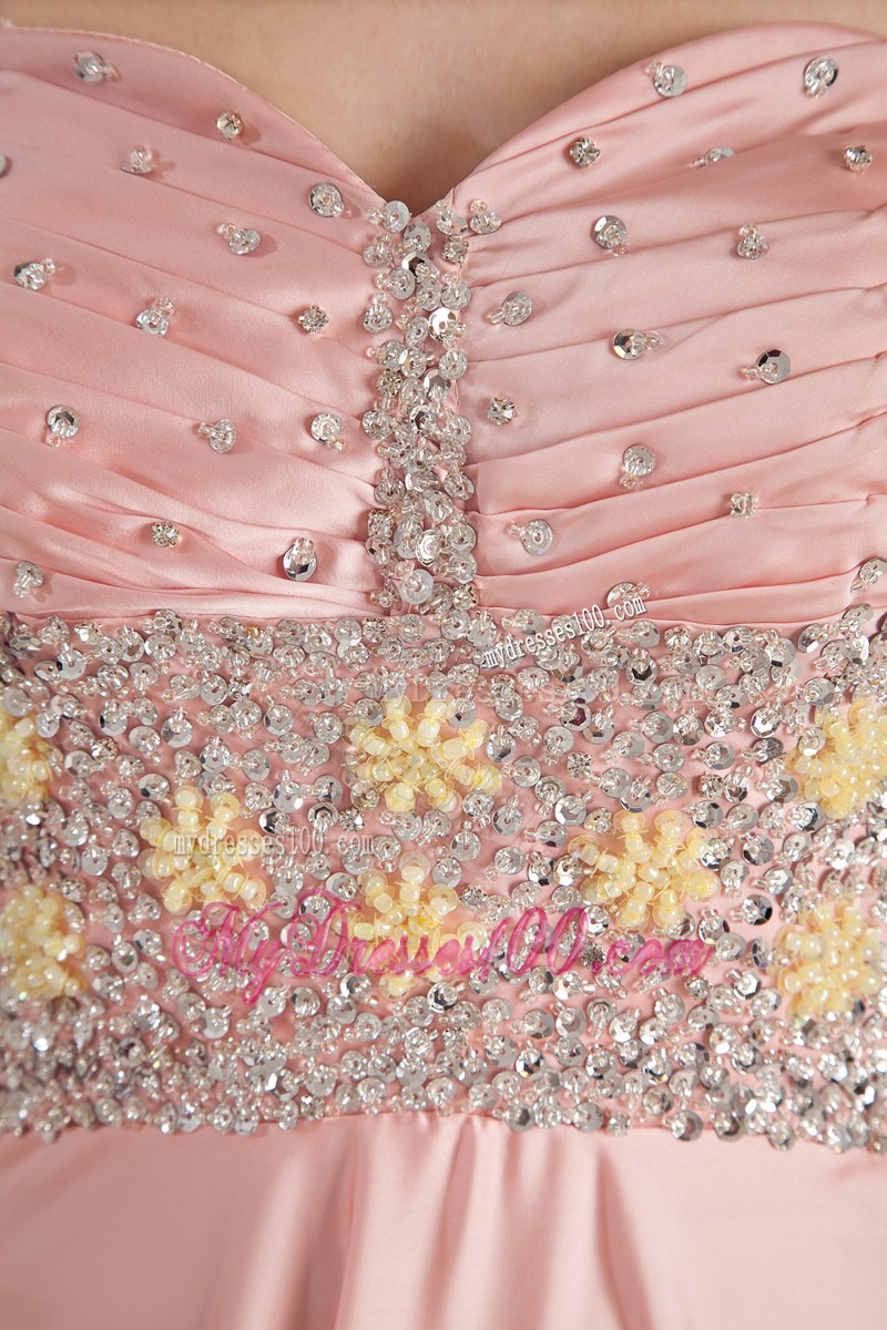 Baby Pink Empire Sweetheart Beaded Graduation Dress with High Slit