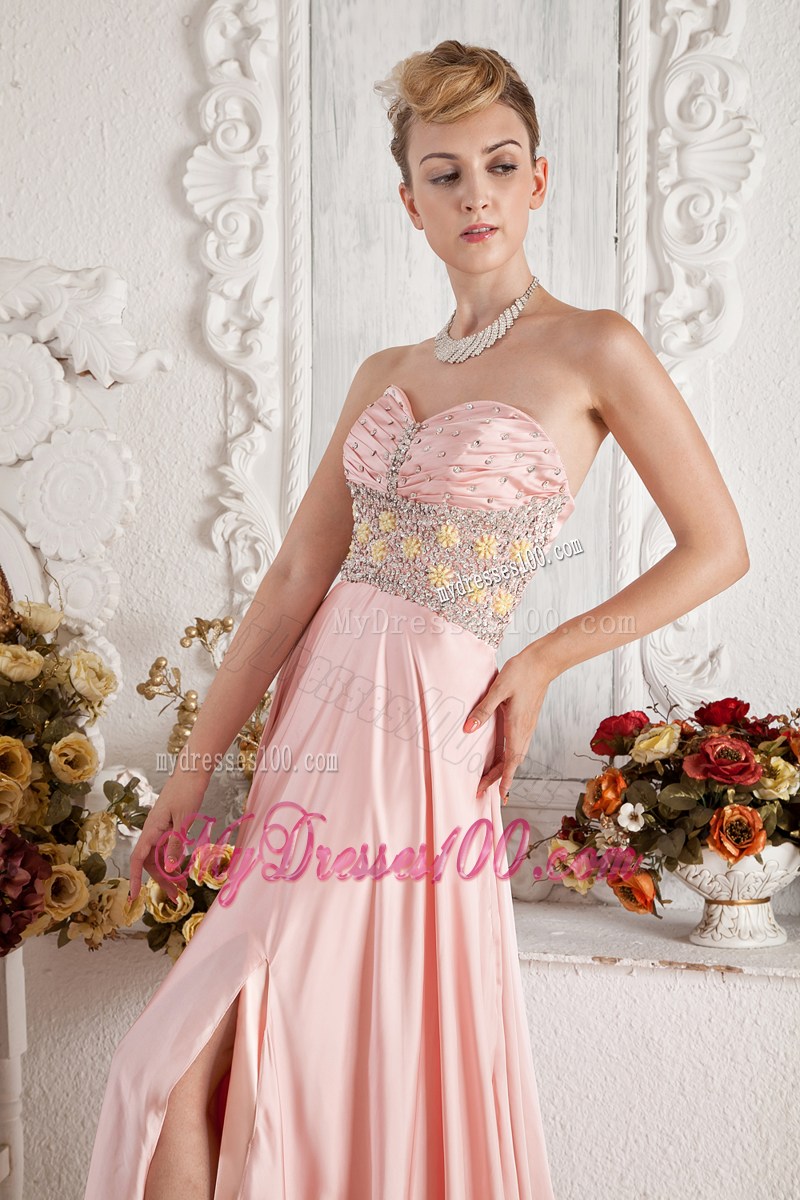 Baby Pink Empire Sweetheart Beaded Graduation Dress with High Slit