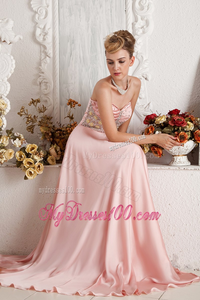 Baby Pink Empire Sweetheart Beaded Graduation Dress with High Slit