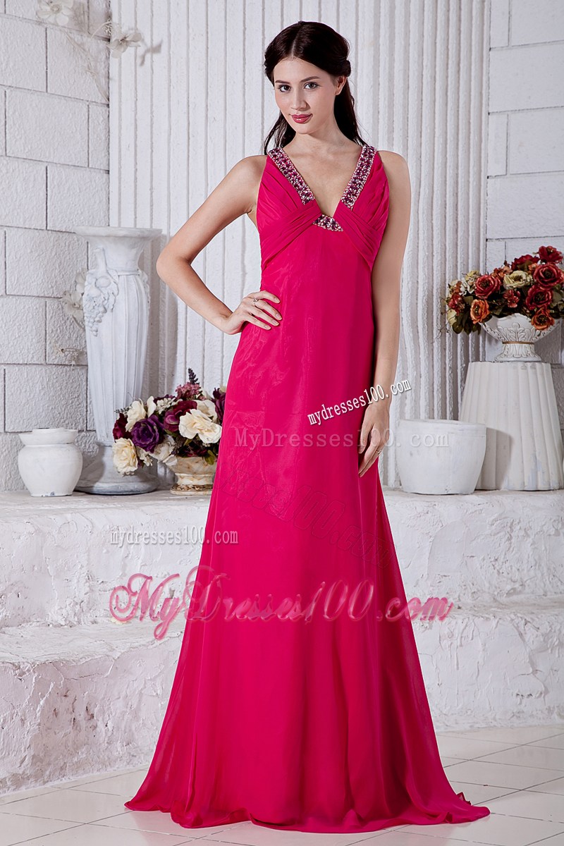 Hot Pink Empire Graduation Dresses with Beading V-neck Brush Train