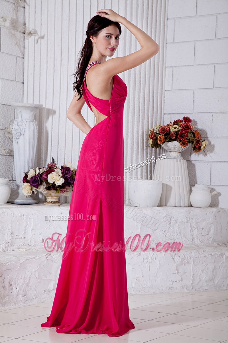 Hot Pink Empire Graduation Dresses with Beading V-neck Brush Train