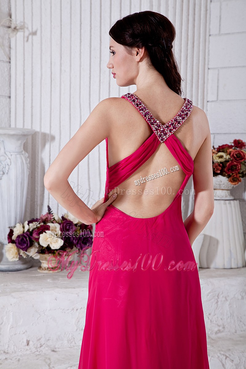 Hot Pink Empire Graduation Dresses with Beading V-neck Brush Train