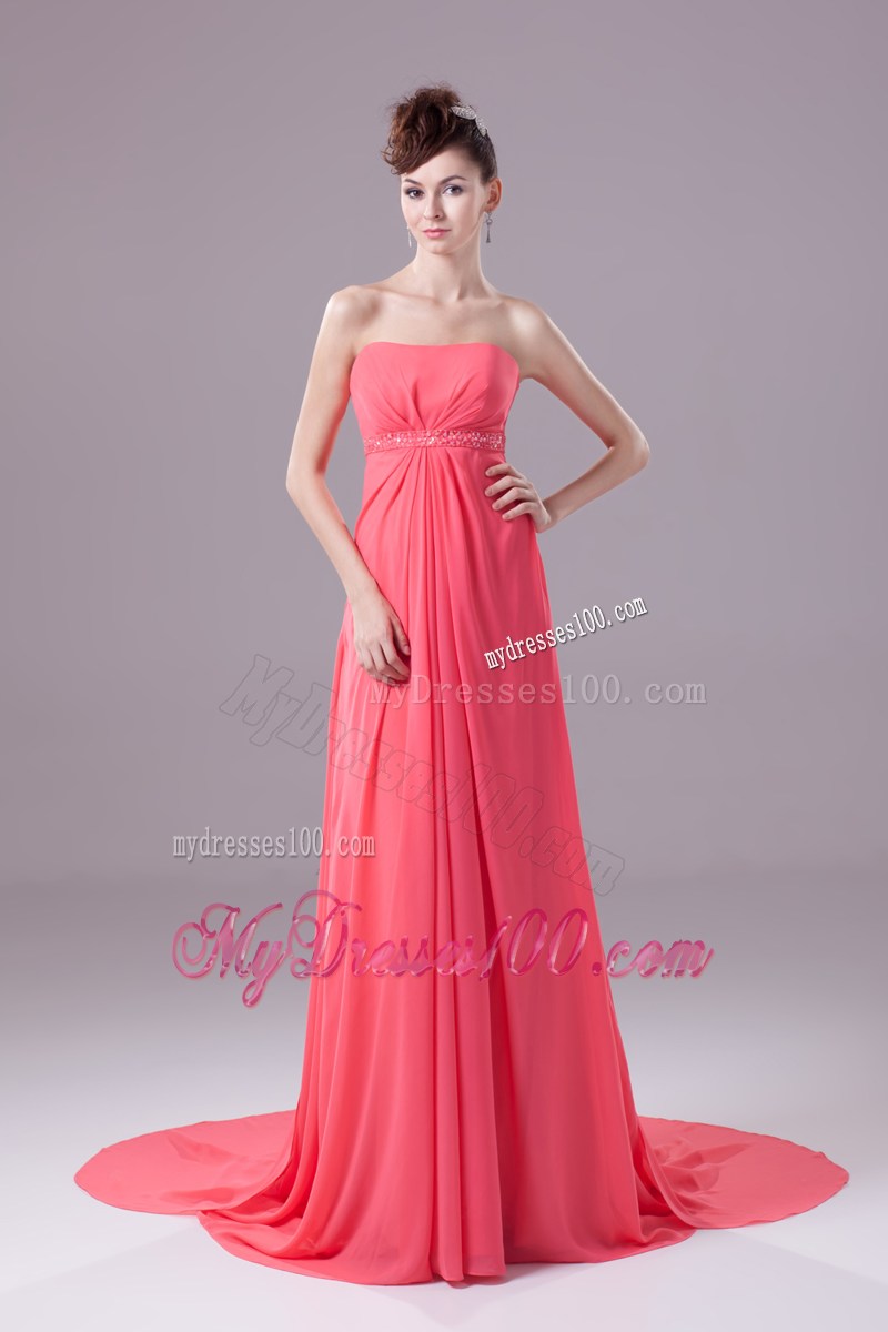 Beading Strapless Watteau Train Watermelon Prom Dress