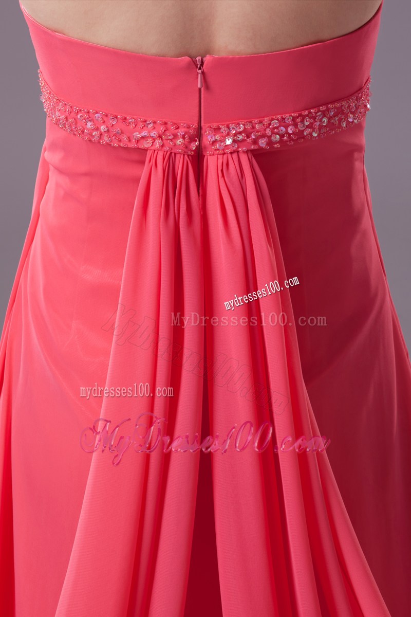 Beading Strapless Watteau Train Watermelon Prom Dress