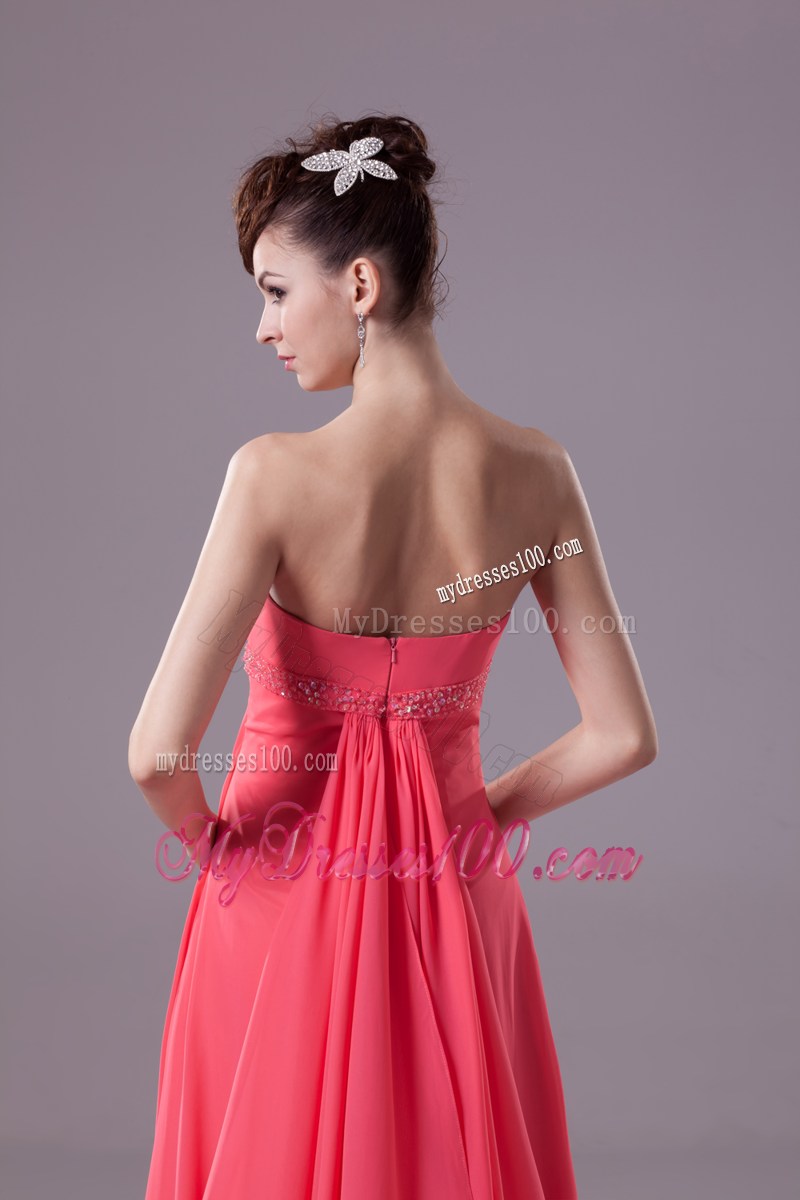 Beading Strapless Watteau Train Watermelon Prom Dress