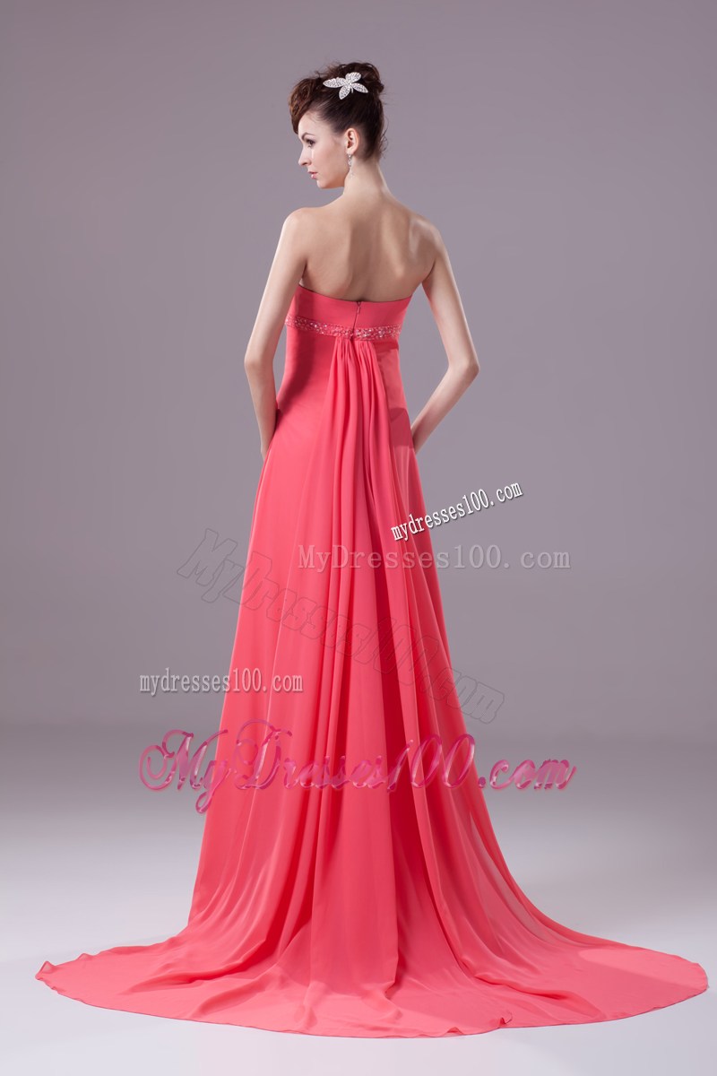 Beading Strapless Watteau Train Watermelon Prom Dress