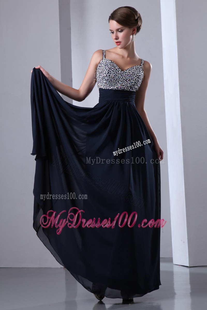 2013 Pretty Dark Navy Blue Straps Chiffon Beaded Graduation Dresses