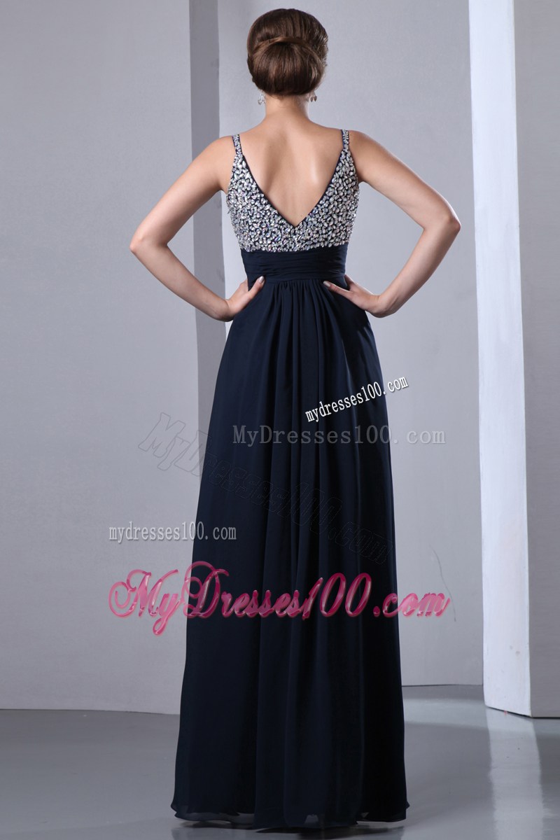 2013 Pretty Dark Navy Blue Straps Chiffon Beaded Graduation Dresses