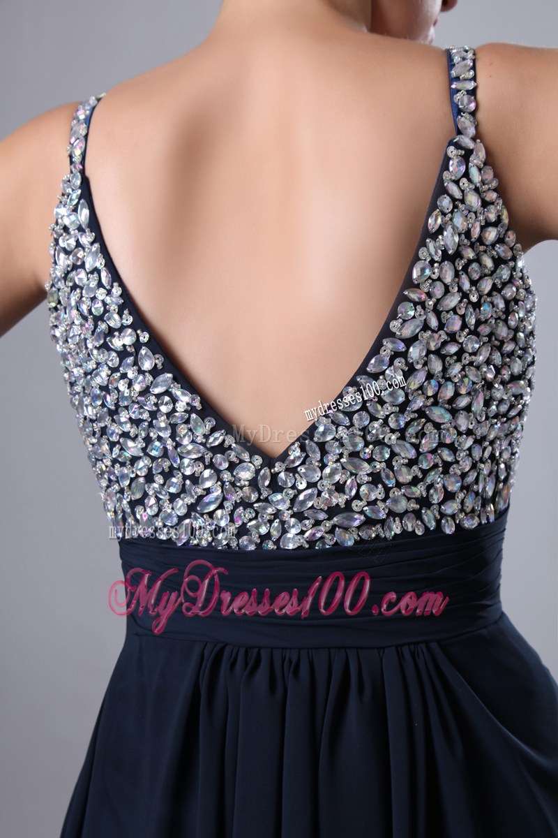 2013 Pretty Dark Navy Blue Straps Chiffon Beaded Graduation Dresses