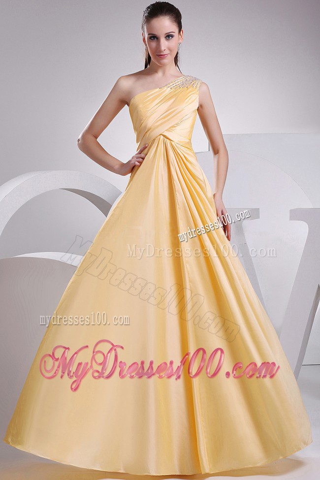 Beading and Ruching One Shoulder Yellow Graduation Dress For 2013