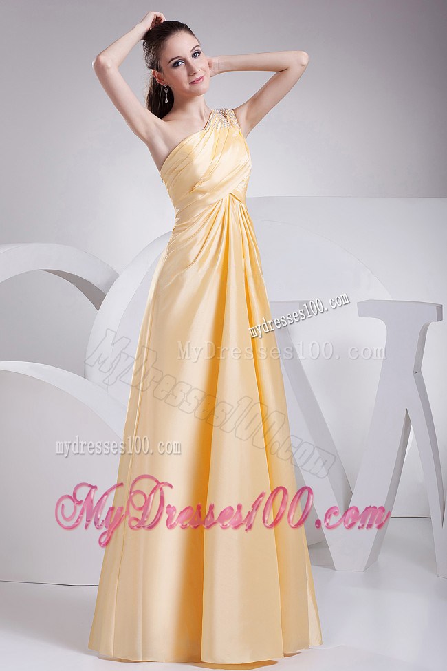 Beading and Ruching One Shoulder Yellow Graduation Dress For 2013