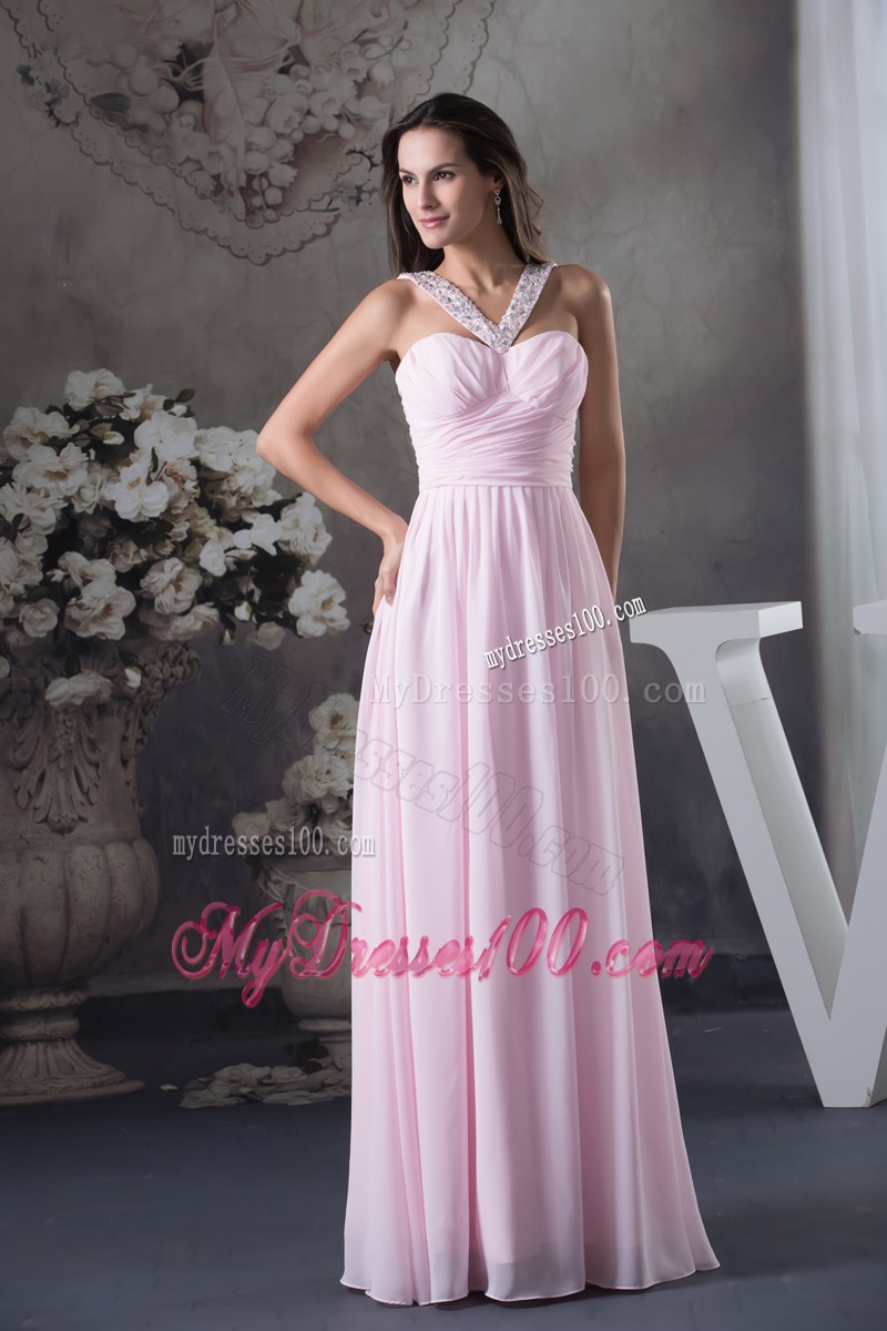 Beautiful Beading V-neck long Pink Column 2013 Prom Dress